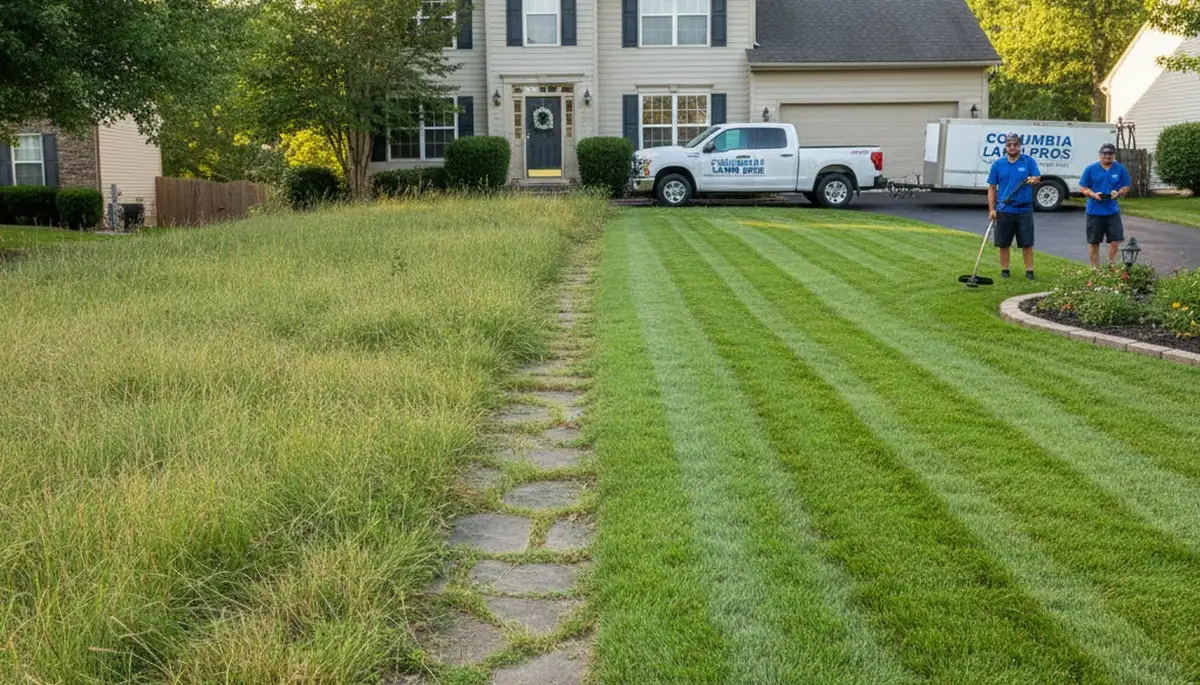 Before and after professional lawn mowing showing lush, trimmed yard in Columbia, MO by Chop Chop Landscaping