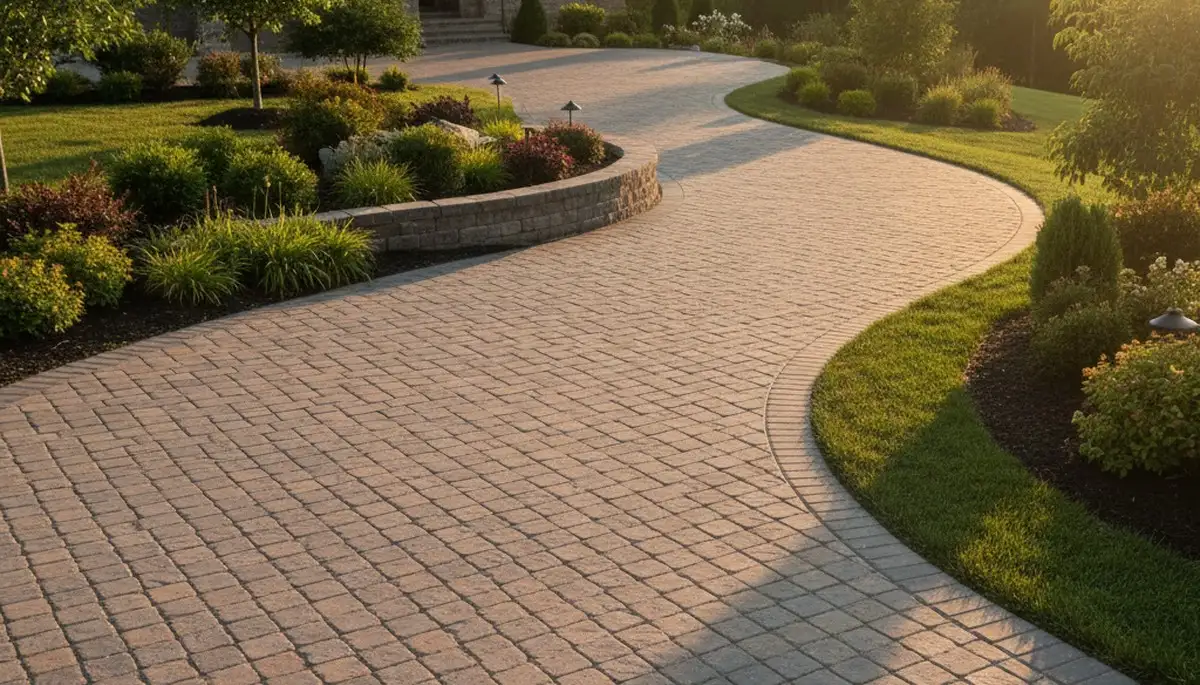 Curved paver driveway design by professional landscapers in Columbia, MO showcasing expert craftsmanship