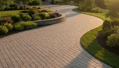 Curved paver driveway design by professional landscapers in Columbia, MO showcasing expert craftsmanship