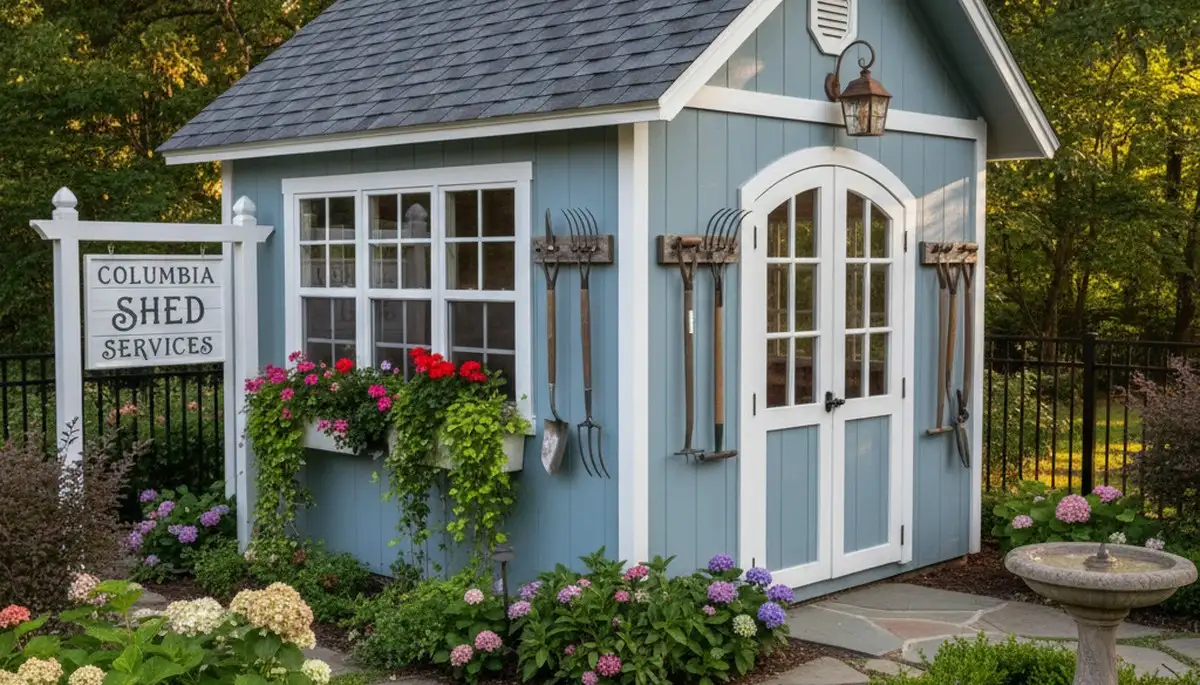 Decorative garden shed with pathway and plantings by Chop Chop Landscaping in Columbia, MO