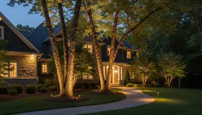 Dramatic tree uplighting with professional landscape lighting at night in Columbia, MO yard