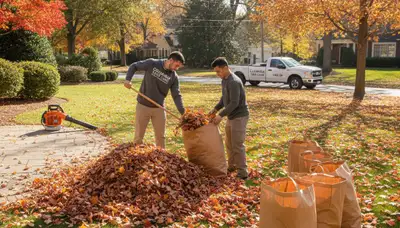 Professional landscapers performing fall leaf removal and yard clean up in Columbia, MO