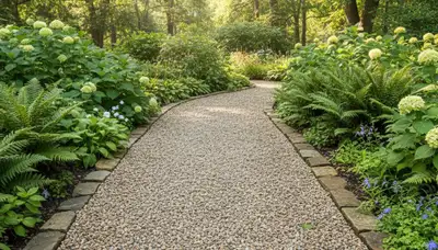 Pea gravel garden pathway with clean borders and natural drainage in Columbia, MO landscaping design