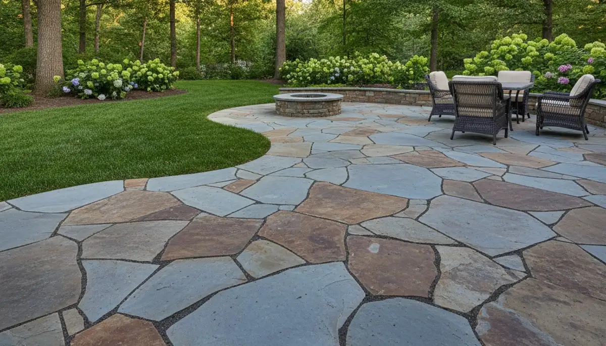 Modern large stone slab patio installation by professional landscapers in Columbia, MO