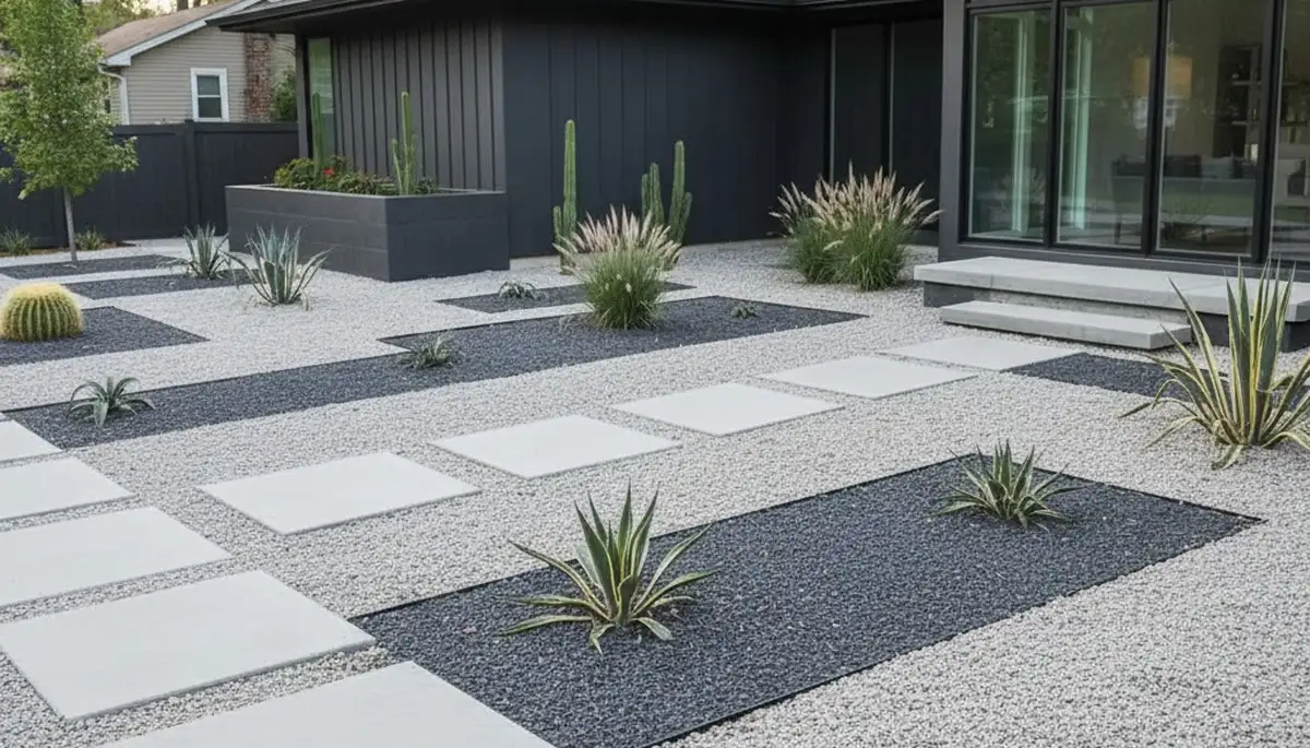 Modern minimalist pea gravel landscape design in Columbia, MO by professional landscaping experts