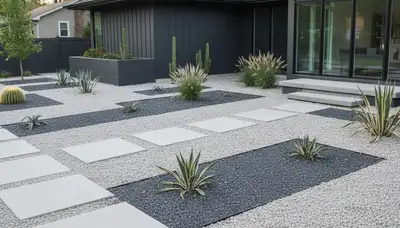 Modern minimalist pea gravel landscape design in Columbia, MO by professional landscaping experts