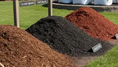 Brown, black, and red mulch color display for Columbia, MO landscaping by Chop Chop Landscaping
