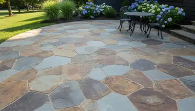 Flagstone patio with natural slate pavers installed by Chop Chop Landscaping in Columbia, Missouri