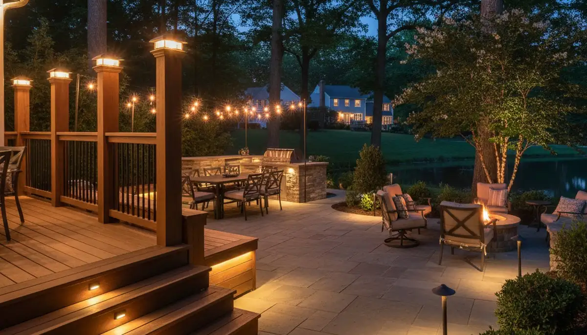 Evening deck and patio lighting design by Chop Chop Landscaping in Columbia, MO for safe outdoor living