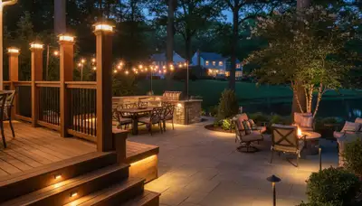 Evening deck and patio lighting design by Chop Chop Landscaping in Columbia, MO for safe outdoor living