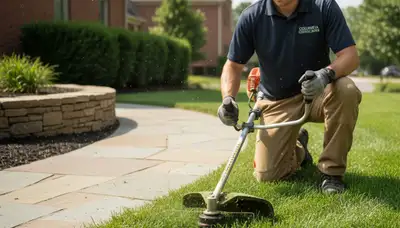 Technician precision-trimming lawn edges for professional maintenance in Columbia, MO landscaping service