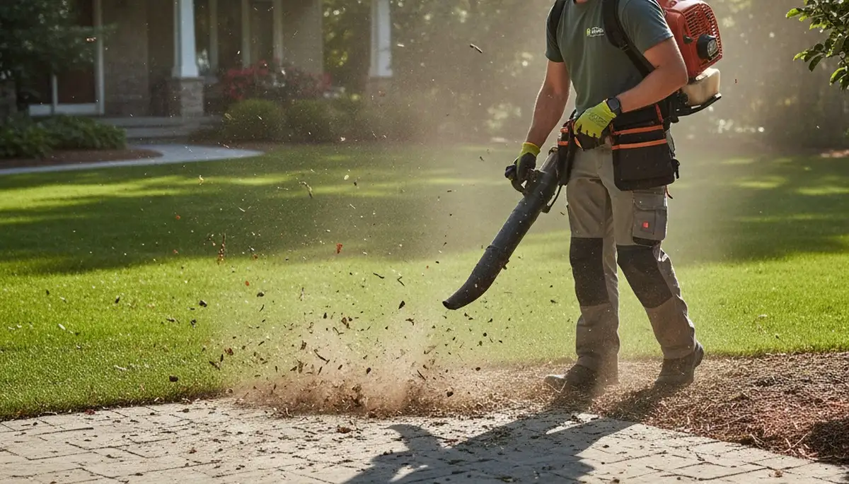 Professional landscaper using leaf blower for final lawn cleanup in Columbia, MO