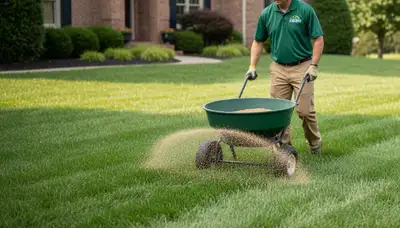 Lawn care technician applying fertilizer with broadcast spreader in Columbia, MO residential yard