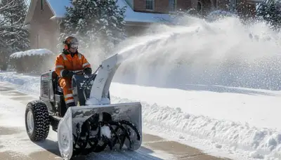 Professional snow blower clearing residential driveway in Columbia, MO for Chop Chop Landscaping