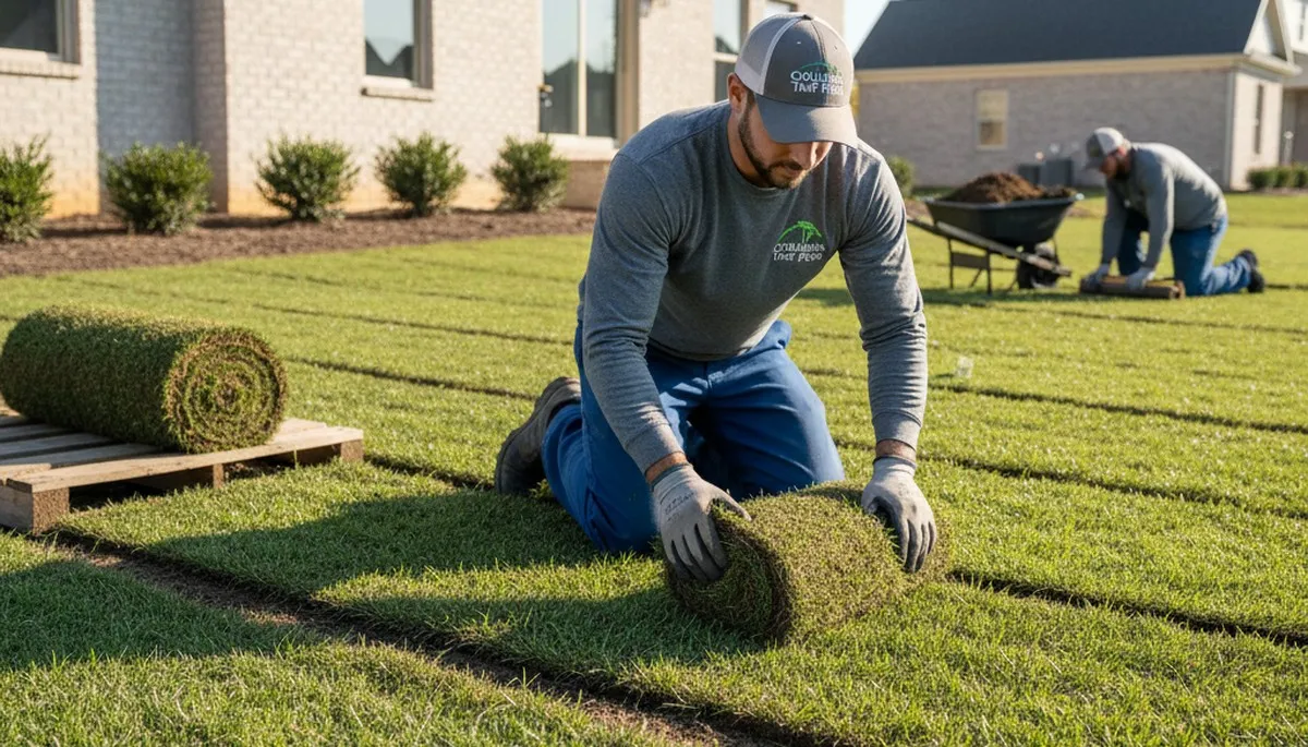 Landscape technician installing fresh sod for a new lawn in Columbia, MO by Chop Chop Landscaping