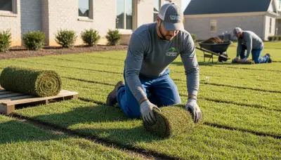 Landscape technician installing fresh sod for a new lawn in Columbia, MO by Chop Chop Landscaping