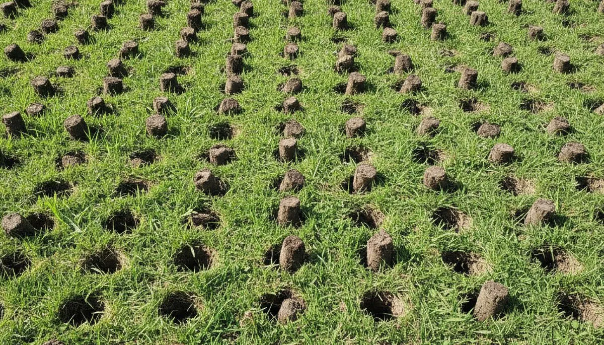 Close-up of soil core plugs showing professional lawn aeration results in Columbia, MO