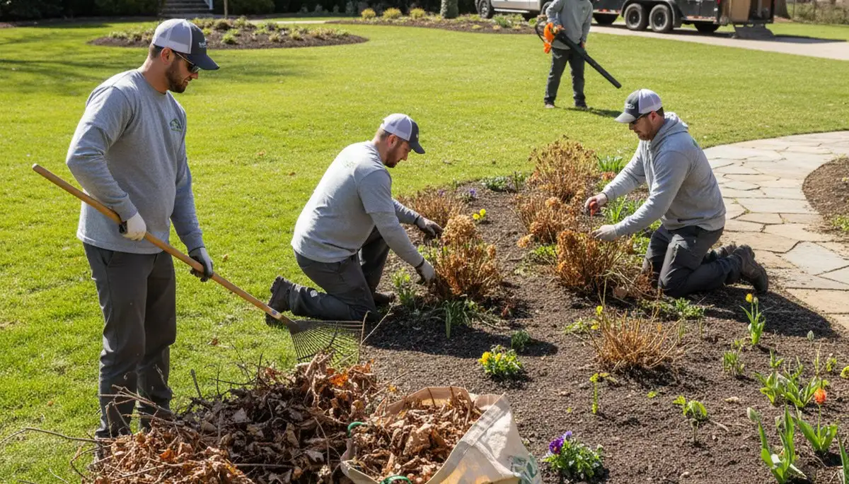 Professional landscapers performing spring yard clean up and debris removal in Columbia, MO