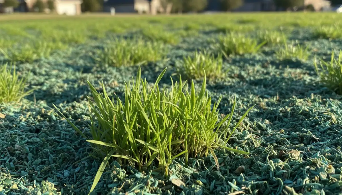 Hydroseeded lawn with new grass sprouting in Columbia, MO by Chop Chop Landscaping