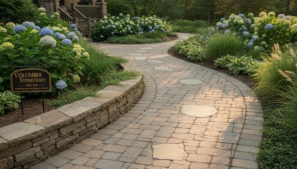 Curved stone paver pathway by Chop Chop Landscaping in Columbia, MO showcasing expert landscape design