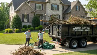 Crew removing storm debris and branches during professional yard clean up in Columbia, MO