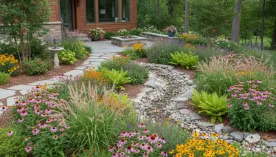 Sustainable native plant garden design with drought-tolerant landscaping in Columbia, Missouri
