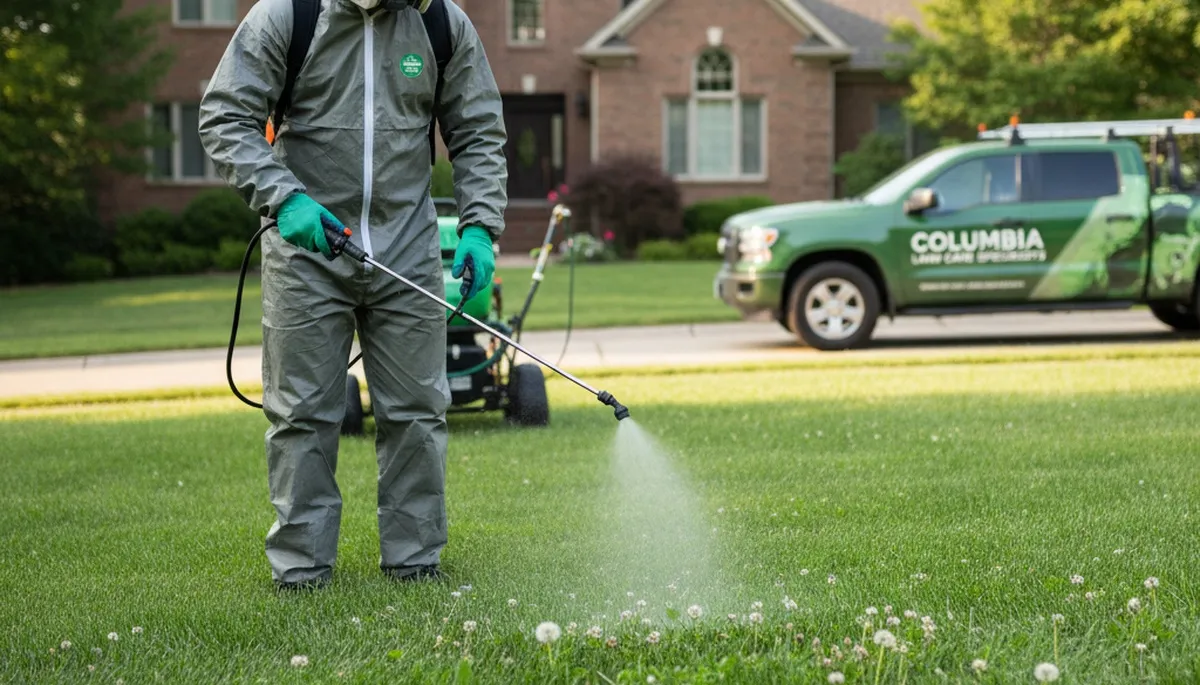 Lawn care technician applying weed control treatment on residential lawn in Columbia, MO