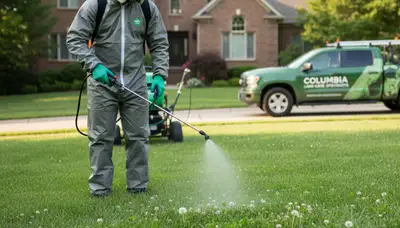 Lawn care technician applying weed control treatment on residential lawn in Columbia, MO